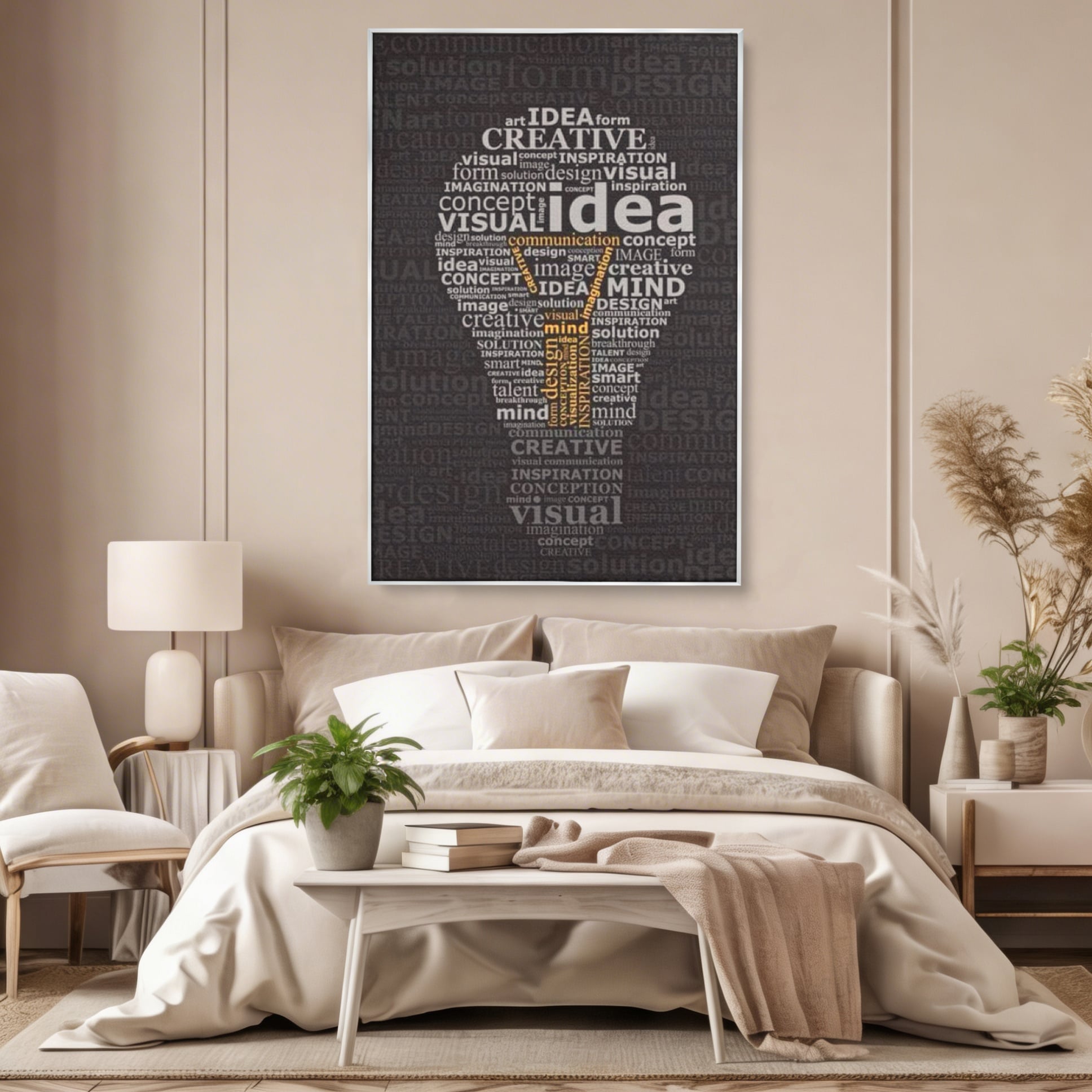 Tablou canvas cu tablou canvas cu silueta de bec formata din cuvinte, in rama de aluminiu argintiu, pe perete intr-un dormitor